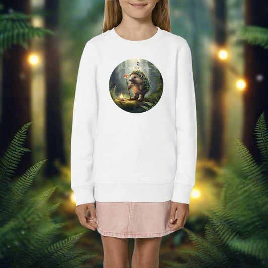 A girl earing a white sweatshirt with a picture of a porcupine holding a lamp mushroom. Design by Rosenmay Studio