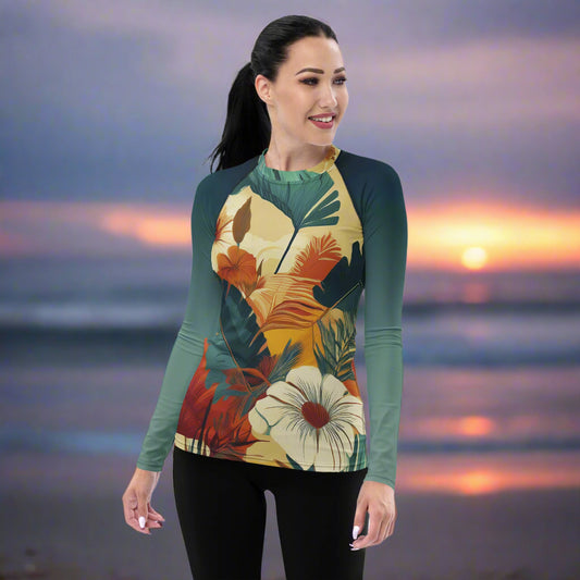 A woman wearing a rash guard with long sleeves and a vintage floral print. Design by Rosenmay Studio