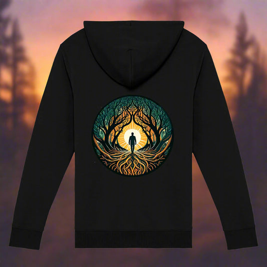 Restored - Unisex Zip Hoodie, with a picture of a silhouette male walkingin a dark forest towards the sun. By Rosenmay Studio.