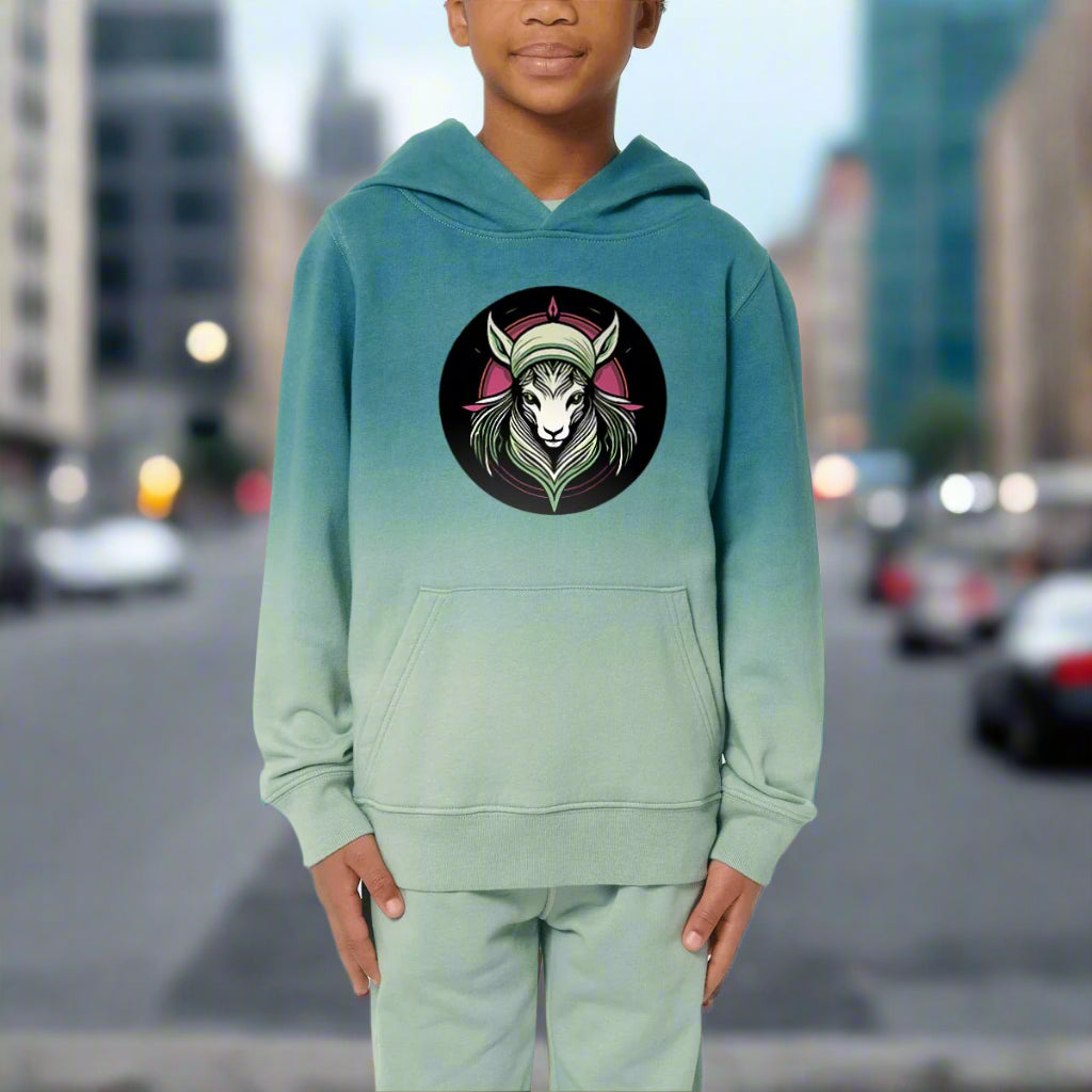 Boy wearing a light blue and teal tie dye hoodie. Wild spirit logo on the front. Design by Rosenmay Studio
